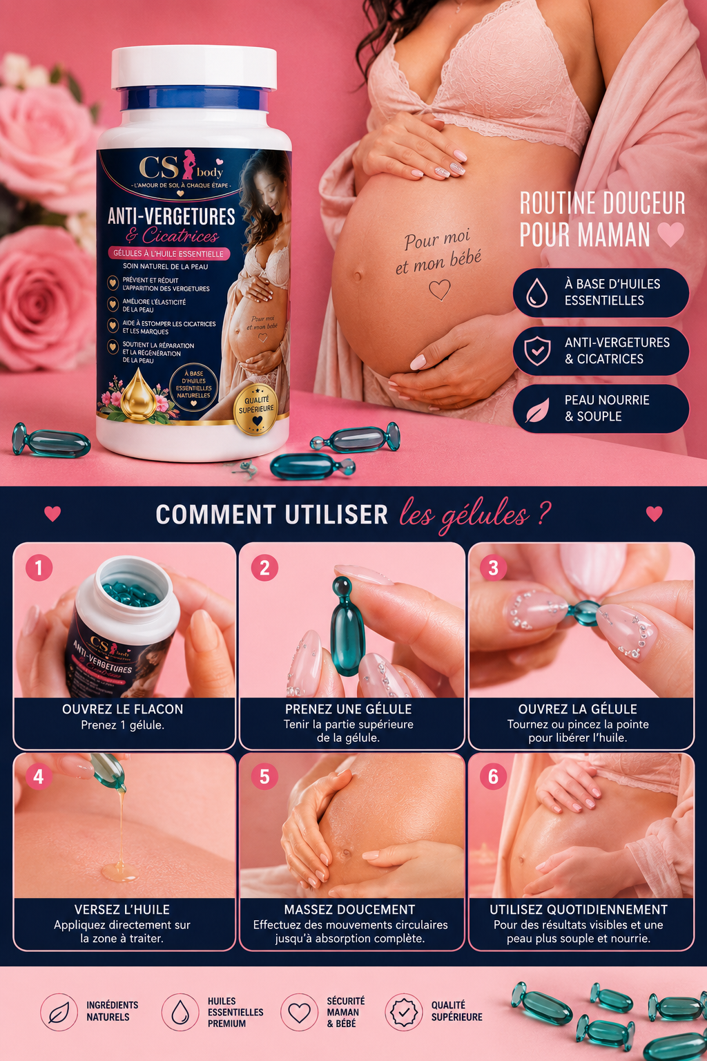 ANTI-VERGETURES & CICATRICES
Gélules à l’huile essentielle