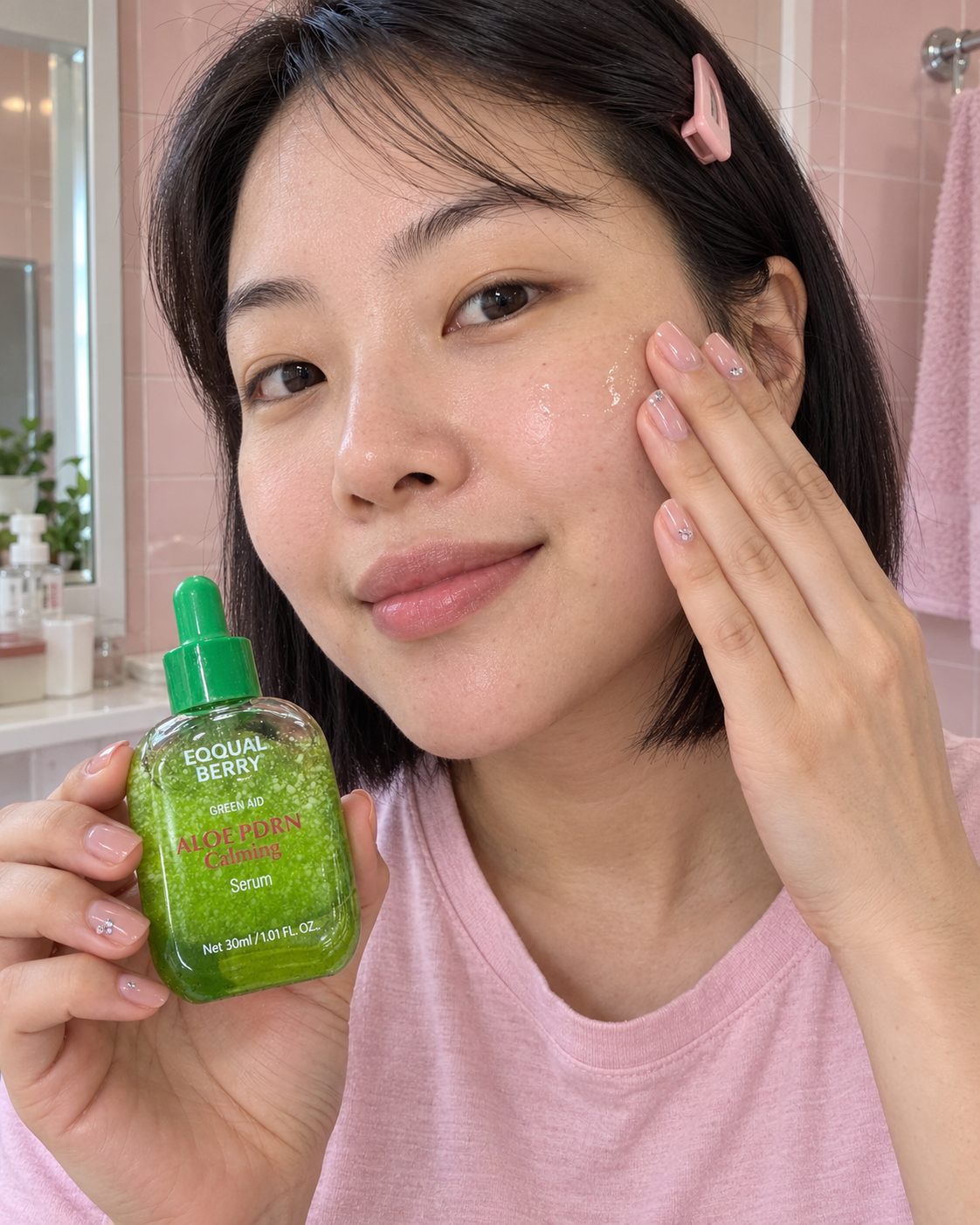 EQQUALBERRY – Green Aid Aloe PDRN Calming Serum 30 ml — mise en scène de l’utilisation, visuel illustratif
