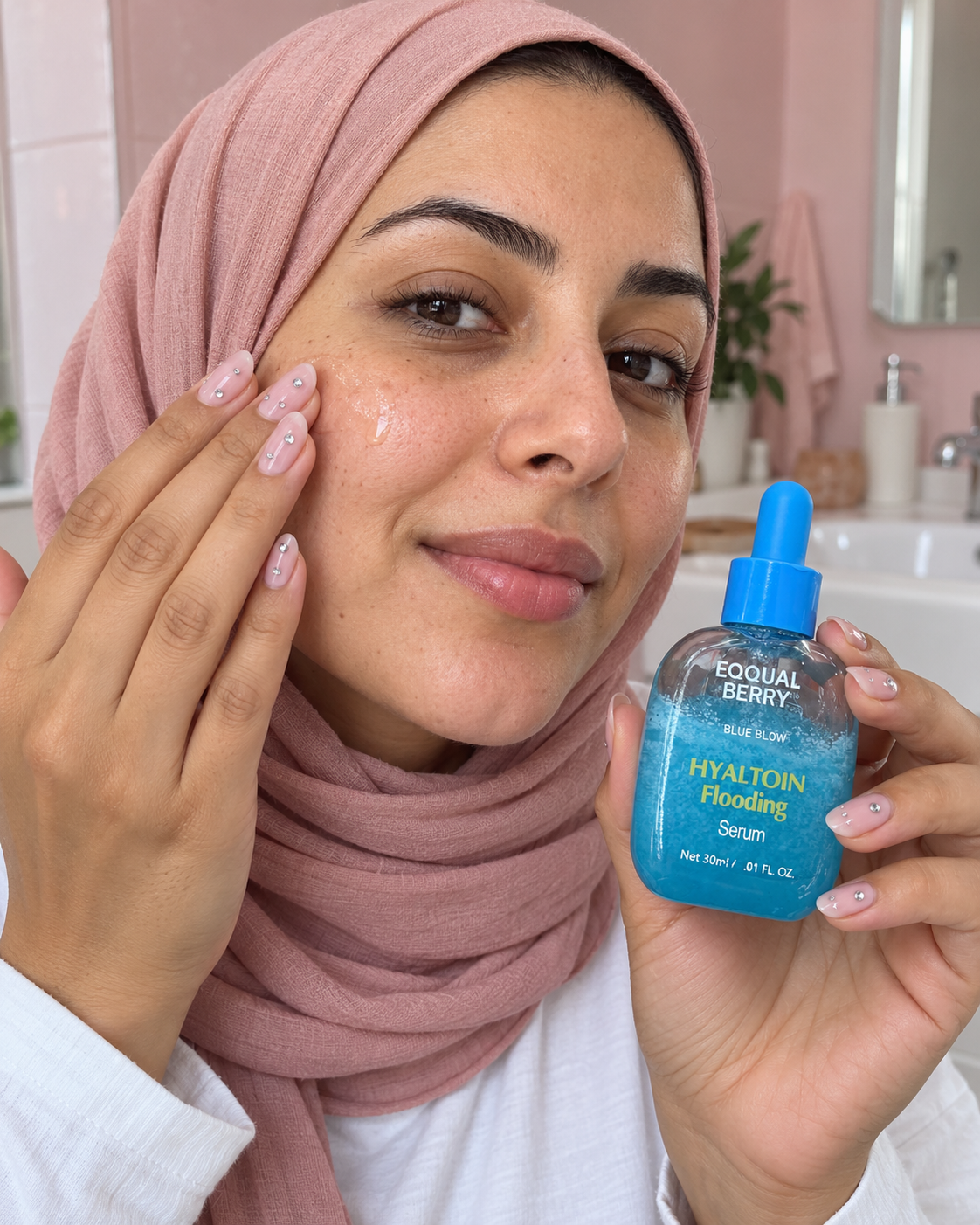 EQQUALBERRY – Blue Blow Hyaltoin Flooding Serum 30 ml — mise en scène de l’utilisation, visuel illustratif