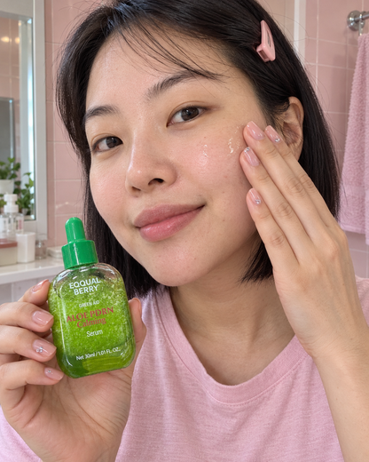 EQQUALBERRY – Green Aid Aloe PDRN Calming Serum 30 ml — mise en scène de l’utilisation, visuel illustratif